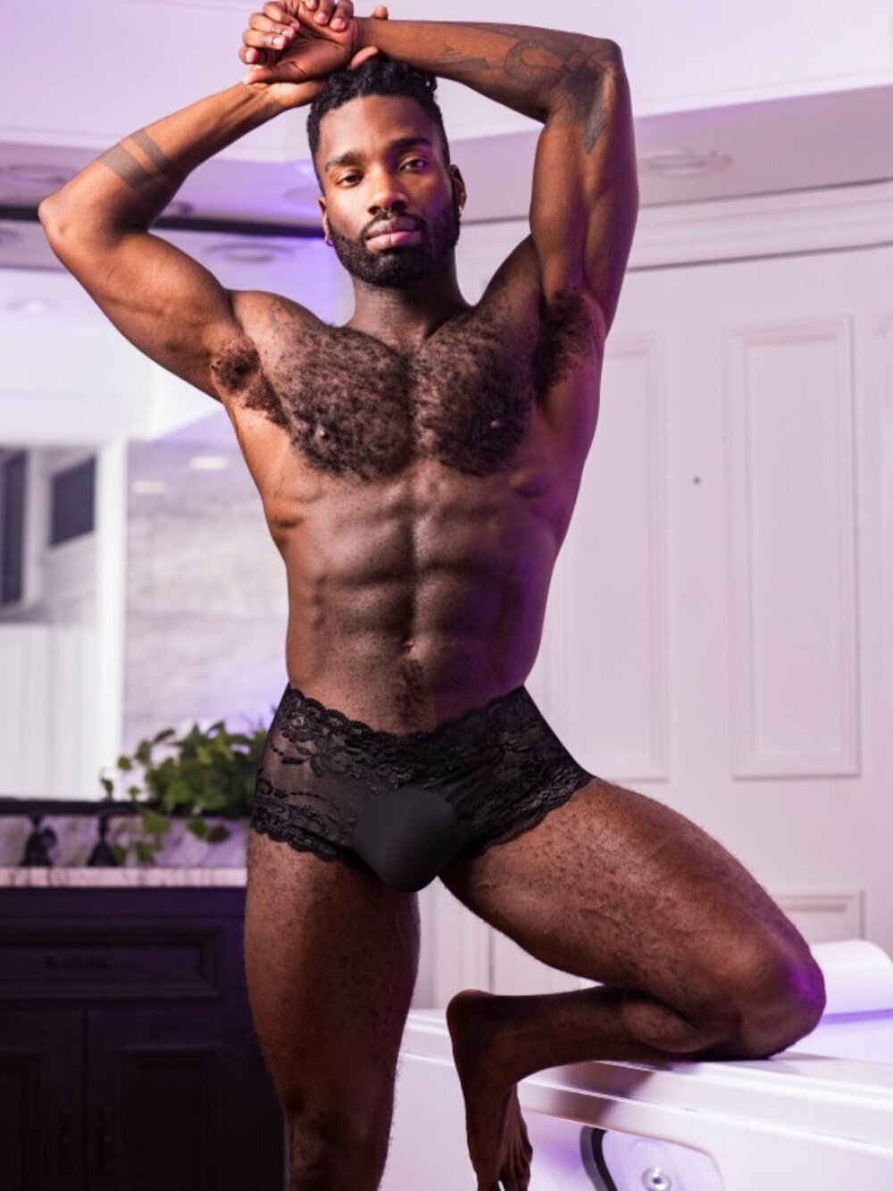 Male Power 127-280 Sassy Lace Mini Short Sheer Pouch Color Black